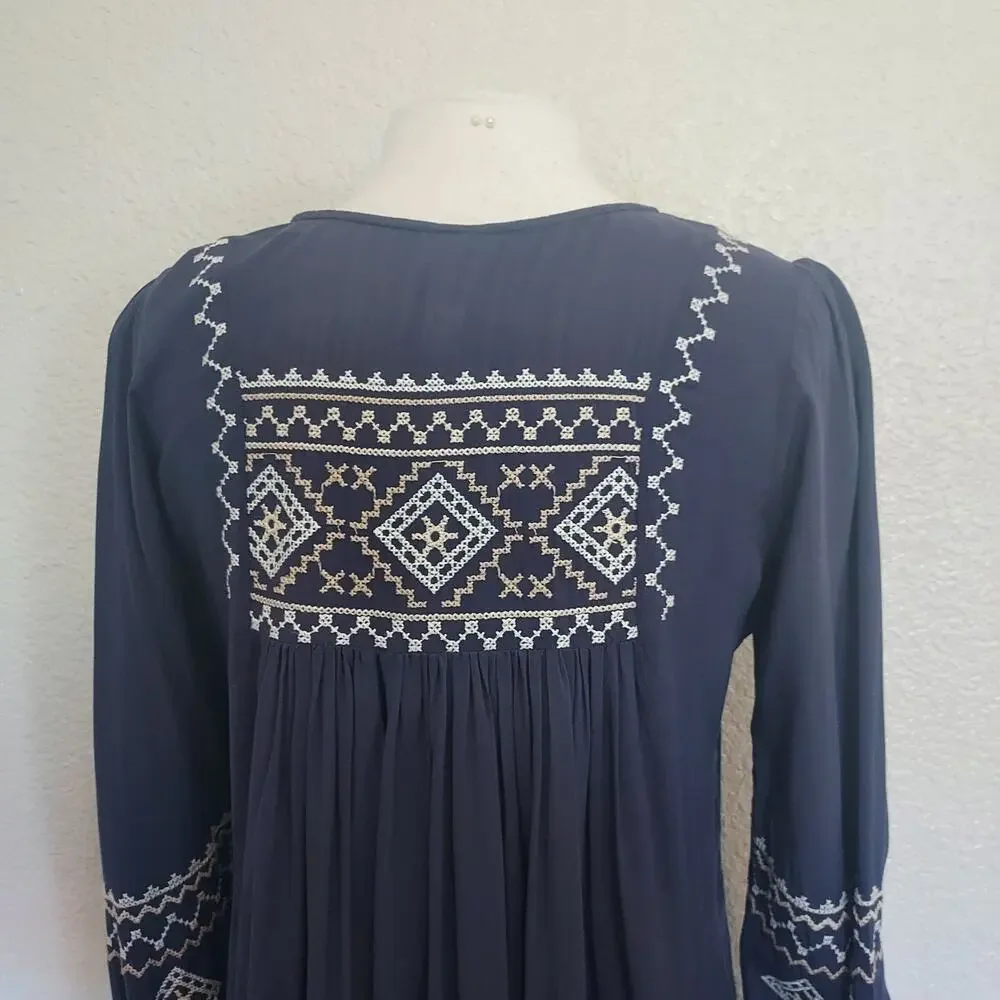 Monoreno Blue Embroidered Long Sleeve Tunic Dress Size M